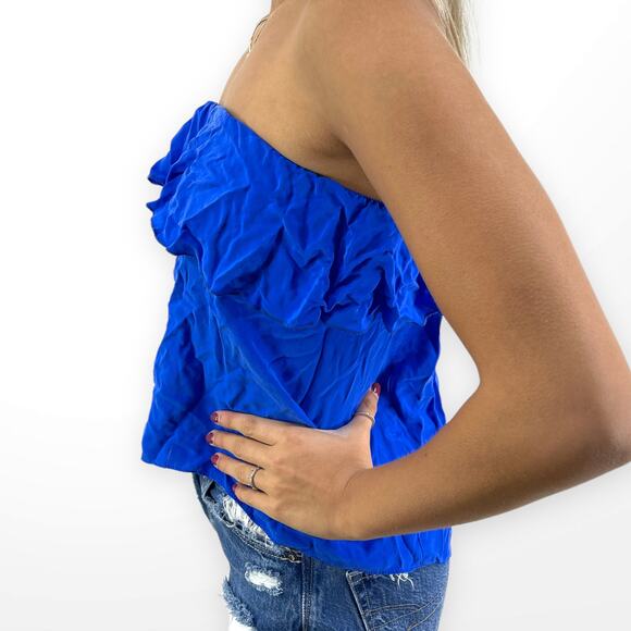 00s AMANDA UPRICHARD Vintage Blue Silk Sleeveless Ruffle Tube Top - Picture 2 of 7